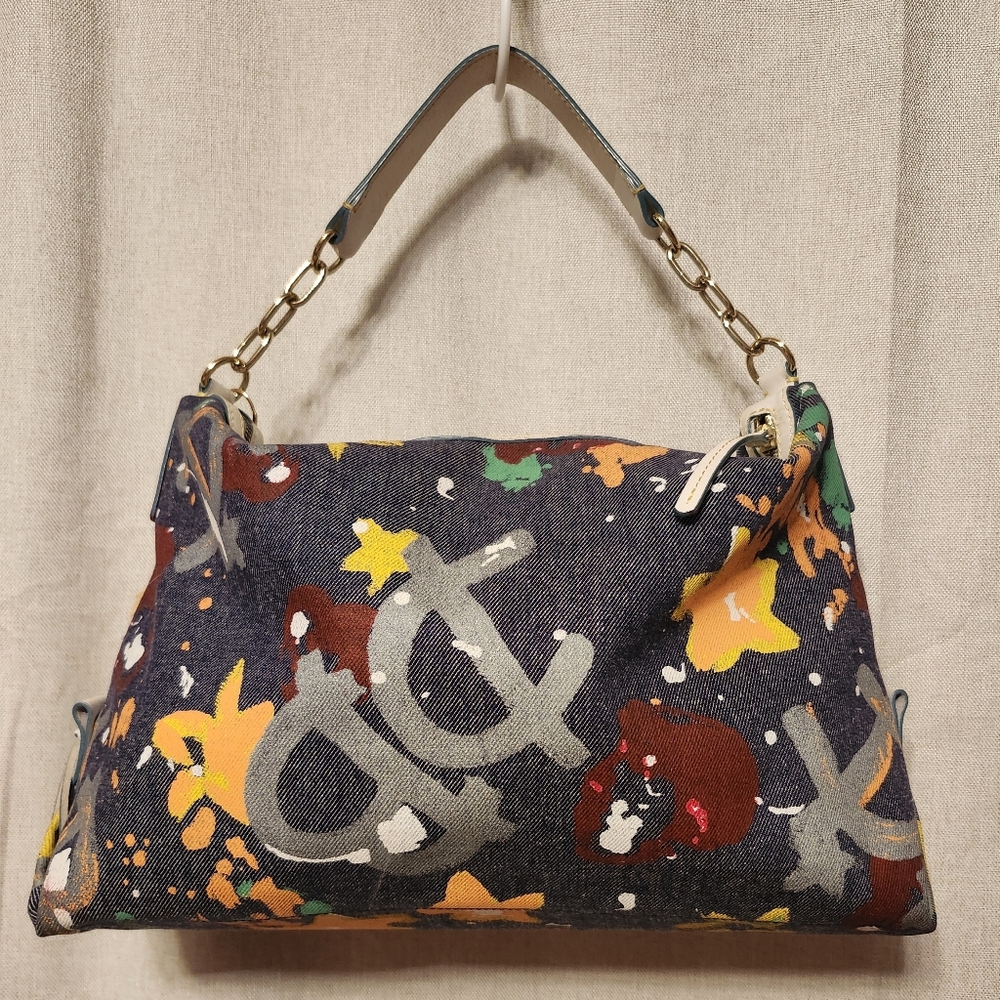 Dooney And Bourke -Vintage Denim Splatter Paint Chain And Leather Strap Bag - Picture 3 of 16